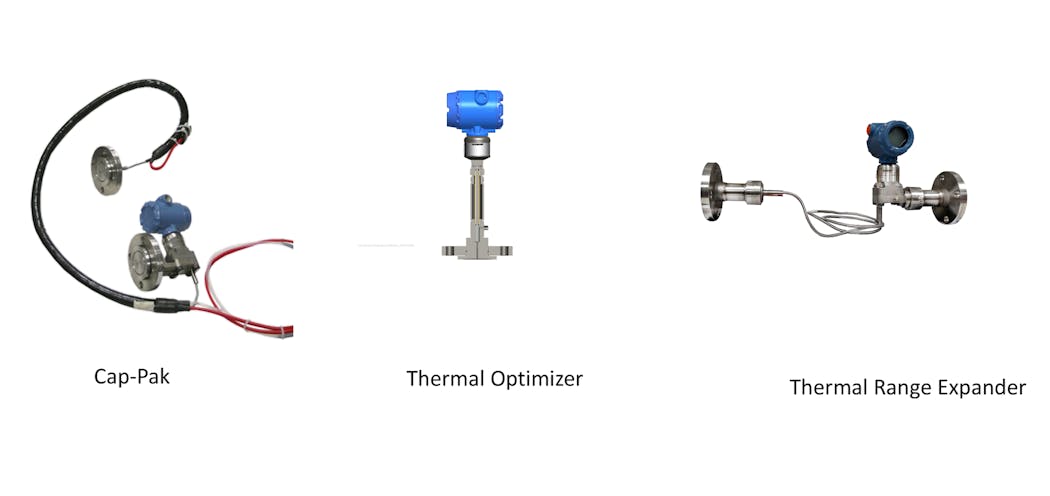 Figure 2. Controlling sensing line and capillary temperature using either external or process heating ensures a consistent, fast response. Cap-Pak (left), Thermal Optimizer (middle) and Thermal Range Exoander (right).
