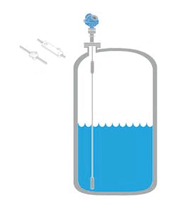 Figure 3. Verification Reflector is installed at a fixed, known distance above the normal operating level; it continuously confirms that the guided wave radar is working correctly. Figure 3. Verification Reflector is installed at a fixed, known distance above the normal operating level; it continuously confirms that the guided wave radar is working correctly.