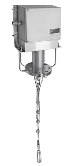 Figure 6: Multiple thermocouple or RTD sensors fitted to a metal rope and connected to a multipoint temperature transmitter can be used to monitor the temperature profile within a vessel. Figure 6: Multiple thermocouple or RTD sensors fitted to a metal rope and connected to a multipoint temperature transmitter can be used to monitor the temperature profile within a vessel.