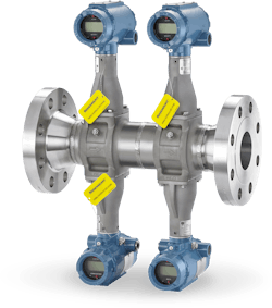 Figure 4: Quadruple vortex flowmeters, such as the Rosemount 8800 Series Quad Vortex Flow Meters, provide four independent flow measurements in a single meter body for SIS applications. Figure 4: Quadruple vortex flowmeters, such as the Rosemount 8800 Series Quad Vortex Flow Meters, provide four independent flow measurements in a single meter body for SIS applications.