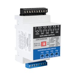 Figure 3: Intrinsically safe relays, such as this Macromatic model offered by AutomationDirect, may be needed to interface monitoring and control functions with equipment located in hazardous areas. Figure 3: Intrinsically safe relays, such as this Macromatic model offered by AutomationDirect, may be needed to interface monitoring and control functions with equipment located in hazardous areas.