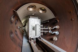View of the inside of MARIN’s The Atmosphere with the flume to create sloshing, which is measured by 100 pressure sensors from Kistler. View of the inside of MARIN’s The Atmosphere with the flume to create sloshing, which is measured by 100 pressure sensors from Kistler.