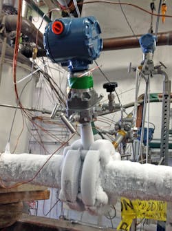 Figure 1: DP flowmeters can be used with LNG and other cryogenic liquids, but the transmitter should be placed above the pipe. Figure 1: DP flowmeters can be used with LNG and other cryogenic liquids, but the transmitter should be placed above the pipe.