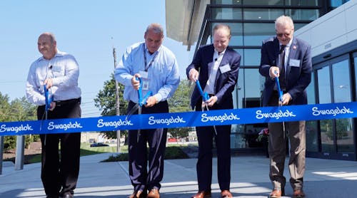 Left to right: Swagelok President and Chief Operating Officer I. James Cavoli; Swagelok Chairman and Chief Executive Officer Thomas F. Lozick; Edward H. Kraus, mayor of Solon; and Glenn Richardson, managing director, advanced manufacturing and aerospace, JobsOhio.