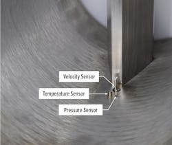 Figure 2: Velocity, temperature and pressure sensors clustered behind the bluff body of a multivariable vortex flowmeter. Figure 2: Velocity, temperature and pressure sensors clustered behind the bluff body of a multivariable vortex flowmeter.