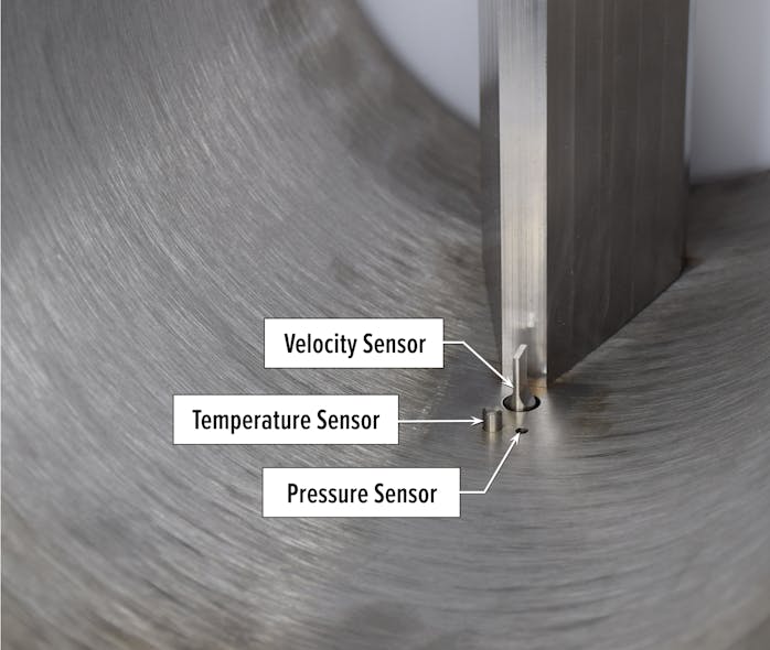 Figure 2: Velocity, temperature and pressure sensors clustered behind the bluff body of a multivariable vortex flowmeter.