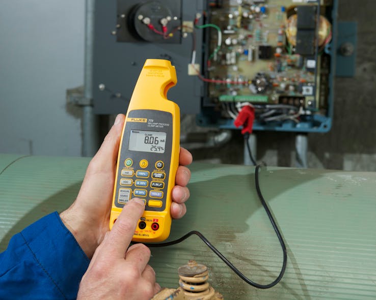 A Fluke 773 Milliamp Process Clamp Meter showing current measurement and percentage span.
