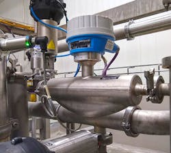 Figure 2: An Endress+Hauser smart Coriolis flowmeter (middle) and iTHERM TrustSens temperature probe (left) can digitally transmit primary and secondary process variables — plus instrument diagnostic data — to a central host system via HART, superimposed on their analog 4-20mA loops. Figure 2: An Endress+Hauser smart Coriolis flowmeter (middle) and iTHERM TrustSens temperature probe (left) can digitally transmit primary and secondary process variables — plus instrument diagnostic data — to a central host system via HART, superimposed on their analog 4-20mA loops.