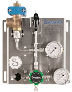 Figure 3. A primary gas pressure control panel regulates the initial pressure reduction as a gas moves into the main body of a distribution system. Figure 3. A primary gas pressure control panel regulates the initial pressure reduction as a gas moves into the main body of a distribution system.