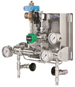 Figure 4. An automatic changeover panel switches from one gas source to another to ensure an uninterrupted flow of gas from the source to the point of use. Figure 4. An automatic changeover panel switches from one gas source to another to ensure an uninterrupted flow of gas from the source to the point of use.