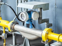 A Coriolis flowmeter monitoring water flow at a power plant. A Coriolis flowmeter monitoring water flow at a power plant.