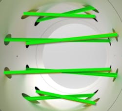 Figure 2: Use of eight transducer pairs sending chords on four planes provides a comprehensive picture of the flow profile, delivering exceptional accuracy under variable conditions. Figure 2: Use of eight transducer pairs sending chords on four planes provides a comprehensive picture of the flow profile, delivering exceptional accuracy under variable conditions.