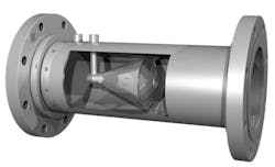 V-cone or cone technology features a cone obstruction mounted in a full pipe size body, creating the differential pressure from the upstream to the downstream of the cone.