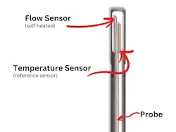 Figure 1: Thermal mass flow meter probe showing dual sensor technology with flow and temperature measurement components. Figure 1: Thermal mass flow meter probe showing dual sensor technology with flow and temperature measurement components.